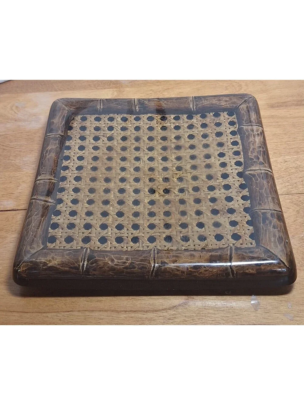 Vintage Acrylic MCM Rattan Wicker Wood Trim Footed Trivet 7.5 X 7.5